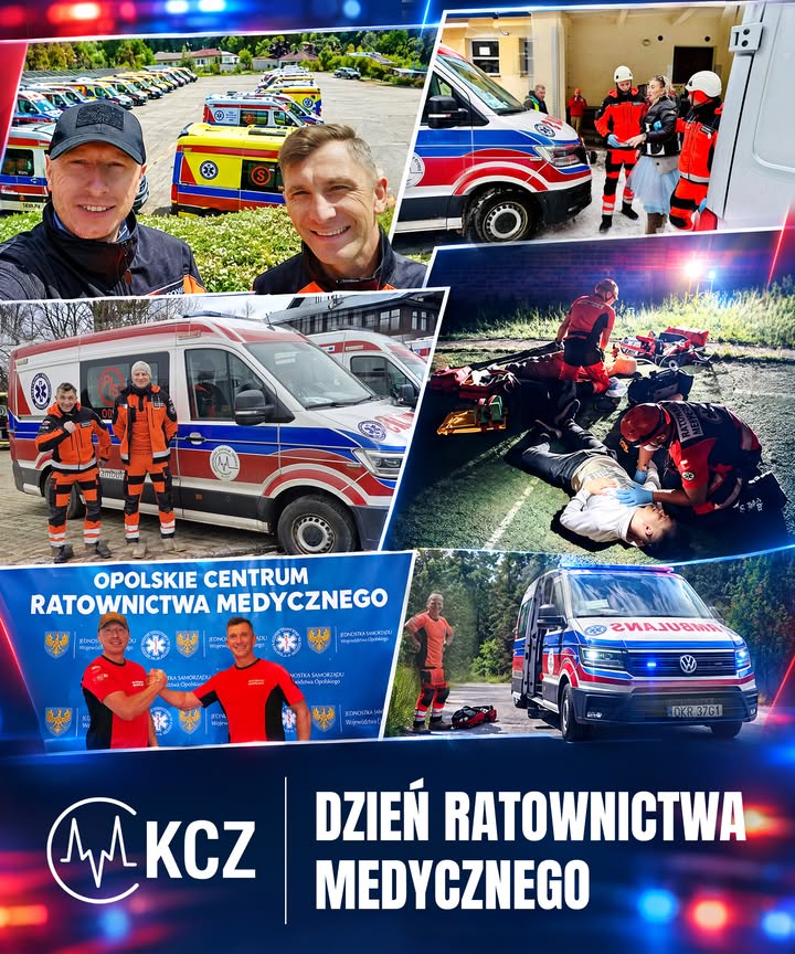 Zespół ratunkowy z ambulansami.