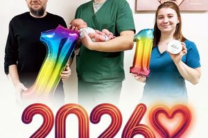 Noworodek z rodzicami i personelem medycznym.